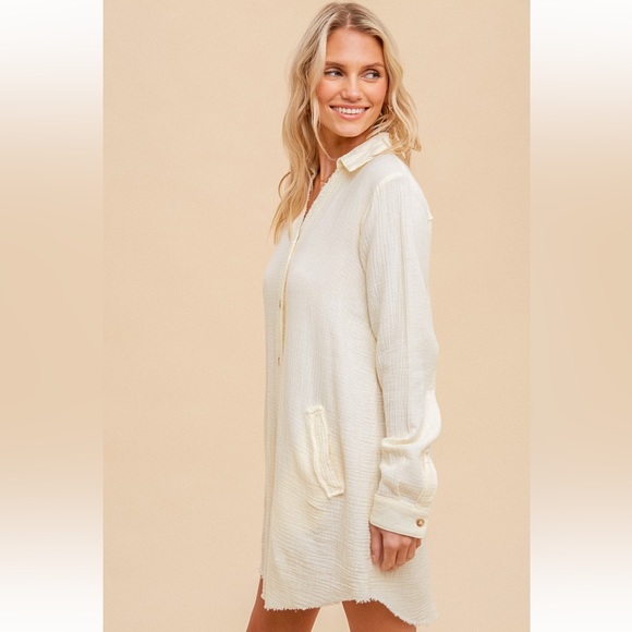 169. Cotton Dress Washed Textured Gauze Tunic Dress Cream/Pale Yellow NEW - Picture 4 of 6